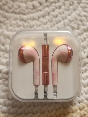 Pink Marble Print Wired Earbud Headphones - Rose Accent